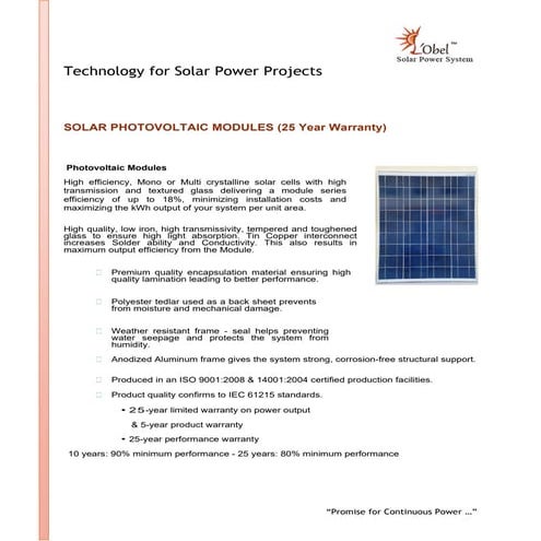 Supply of technology by l'obel solar power system