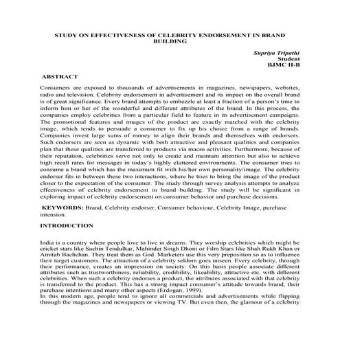 STUDY ON EFFECTIVENESS OF CELEBRITY ENDORSEMENT IN BRAND BUILDING