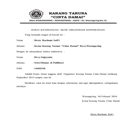 Contoh Surat Keterangan Aktif Organisasi Karangtaruna | PDF