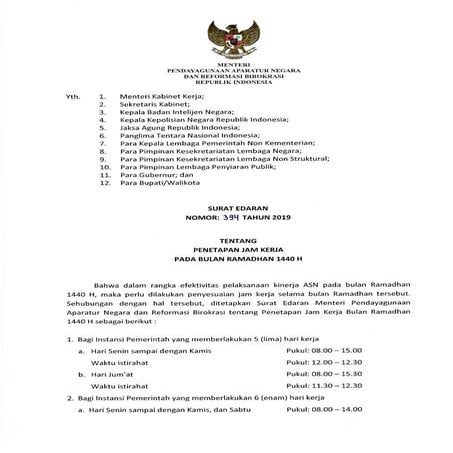 Surat edaran menteri panrb nomor 394 tahun 2019 tentang penetapan jam kerja pada bulan ramadhan 1440 hinfoguruku.net