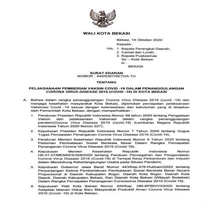 SURAT EDARAN WALI KOTA BEKASI TENTANG PELAKSANAAN PEMBERIAN VAKSIN COVID-19 D...