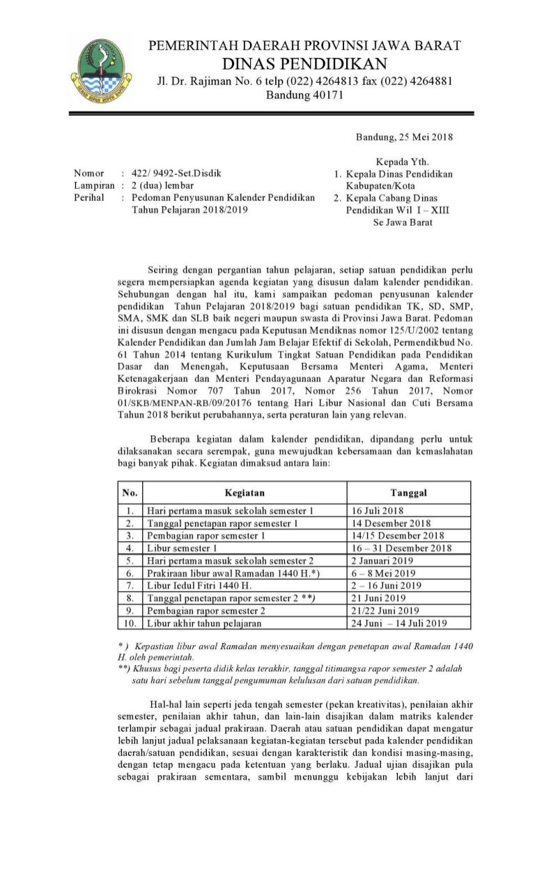 Surat Kalender Akademik 2018 2019