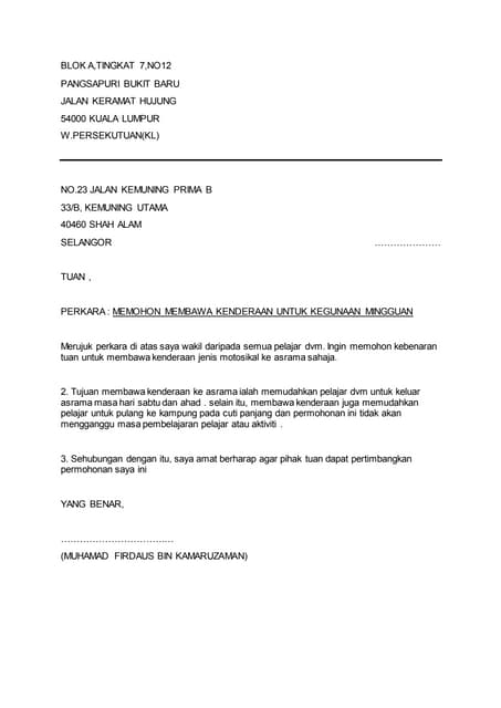 Memohon Kebenaran Membawa Kenderaan Ke Asrama Pdf