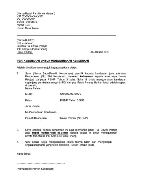 Surat kebenaran menggunakan kenderaan | DOCX