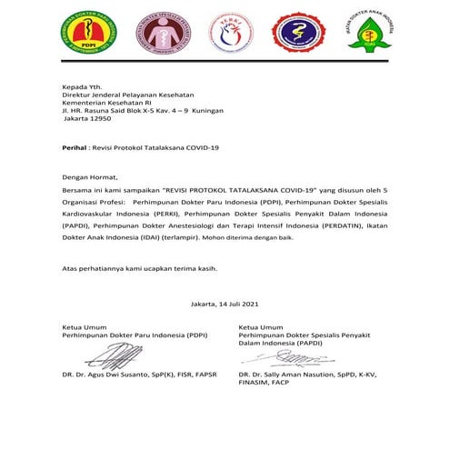 Revisi Protokol Tatalaksana Covid-19 dari PDPI, PAPDI, PERDATIN, PERKI & IDAI