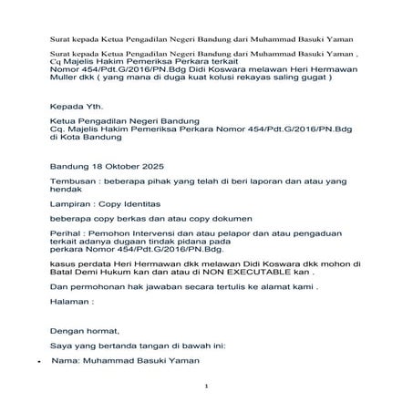 Surat kepada Ketua Pengadilan Negeri Bandung dari Muhammad Basuki Yaman terka...