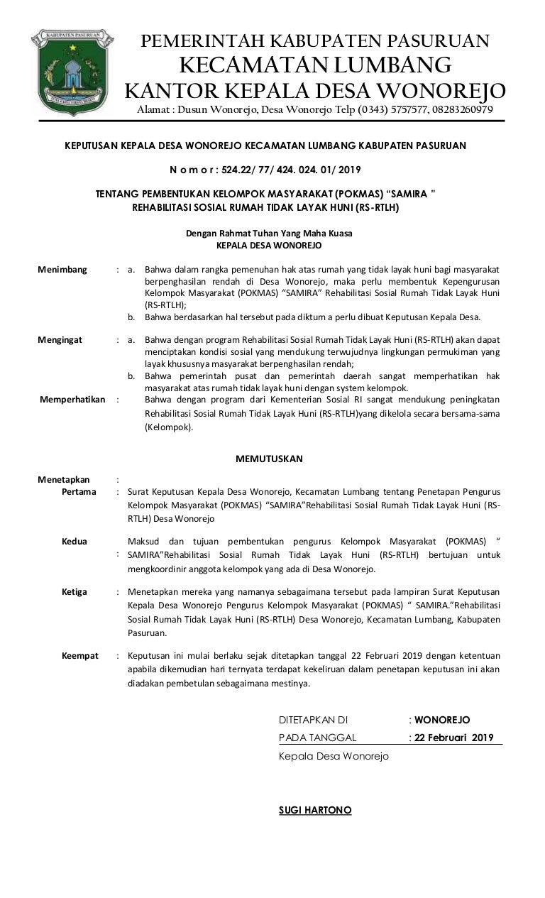 Surat Keputusan Rs Rtlh Desa Wonorejo Kecamatan Lumbang Kabupaten Pas