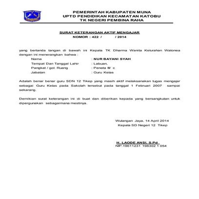 Surat keterangan aktif mengajar tk | PDF