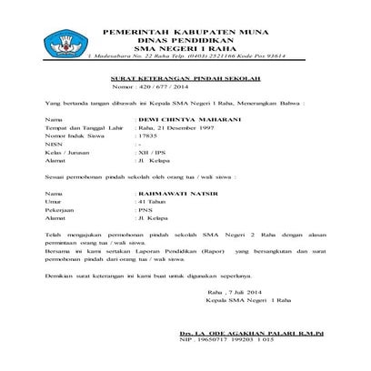 Format surat keterangan pindah sekolah | DOCX
