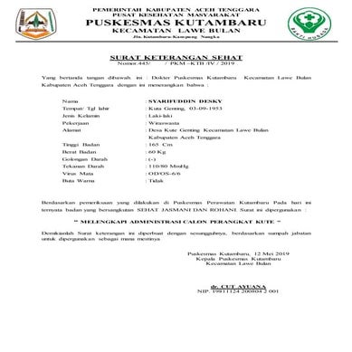Surat keterangan sehat puskesmas kutambaru 2019 kpps
