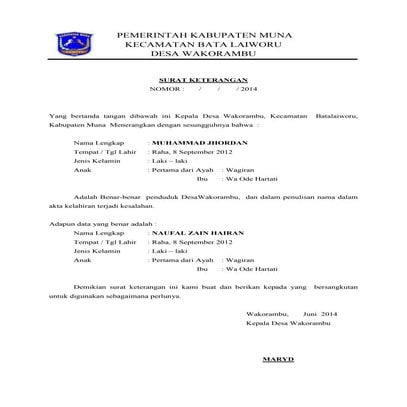 Surat keterangan untuk mendapatkan akta kelahiran