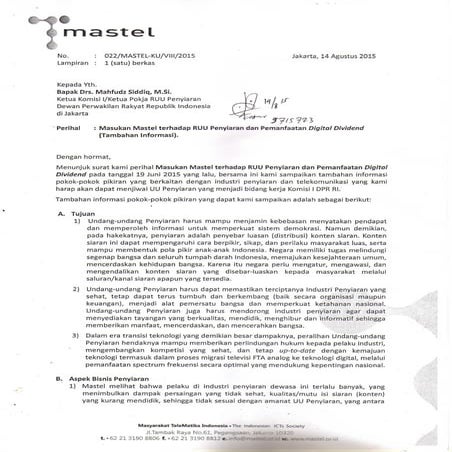 Masukan MASTEL terhadap RUU Penyiaran dan Digital Dividend (additional information)