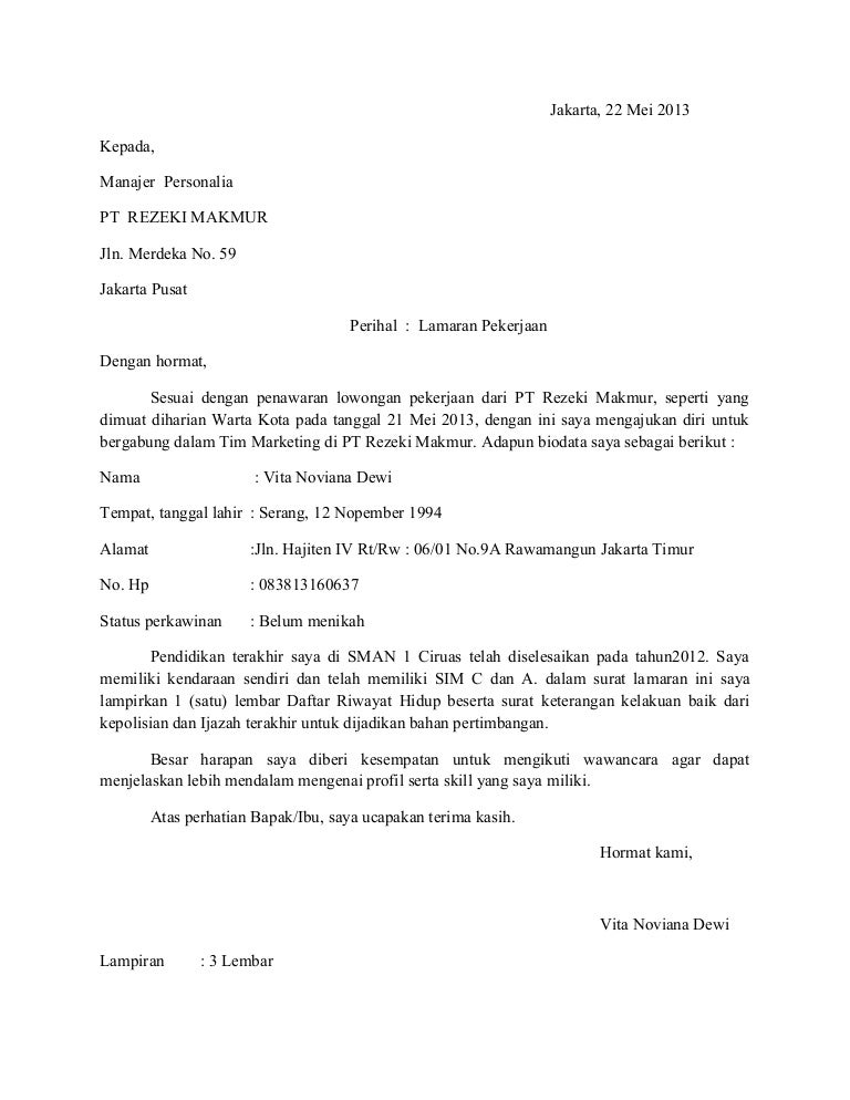 Contoh Surat Lamaran Kerja Di Jco