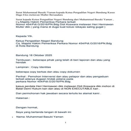 Surat Muhammad Basuki Yaman kepada Ketua Pengadilan Negeri Bandung Kasus Dago...