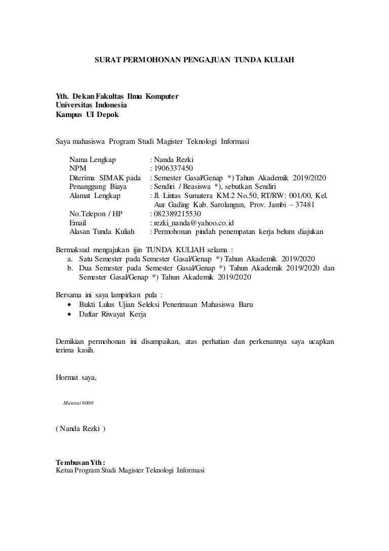 Surat Pengajuan Tunda Kuliah Mhs