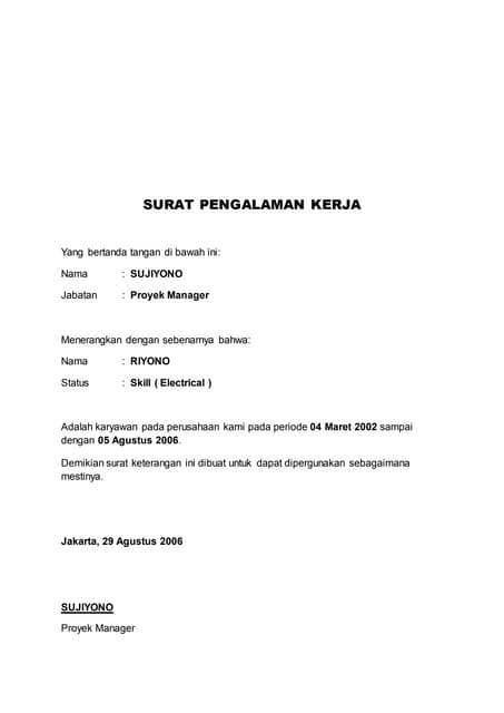 Surat Pengalaman Kerja Supervisor Finance