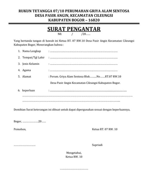 Surat pengantar RT. 07