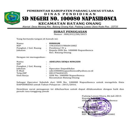 Surat penugasan operator sekolah sdn 100080 napasibonca