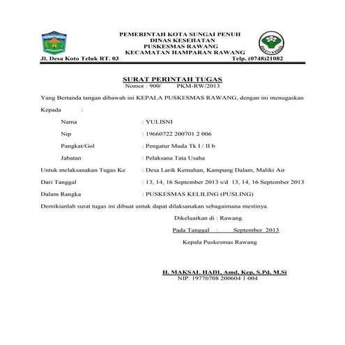 Surat perintah tugas Puskesmas rawang kota sungai penuh provinsi jambi