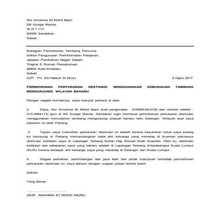 Surat permohonan pertukaran destinasi