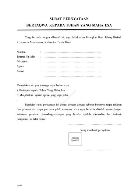 Surat Pernyataan Bertaqwa Kepada Tuhan Yang Maha Esa