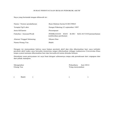 Surat pernyataan bukan perokok aktif 