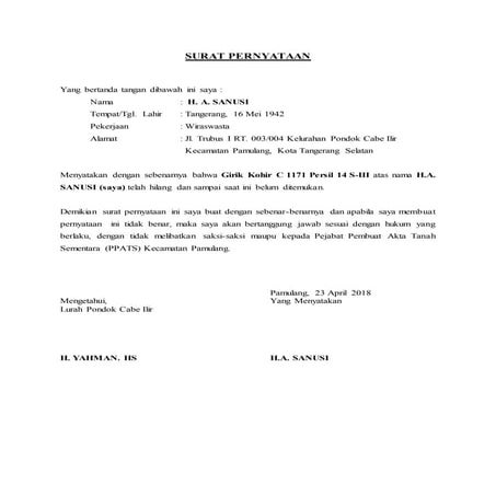 Surat pernyataan kehilangan girik