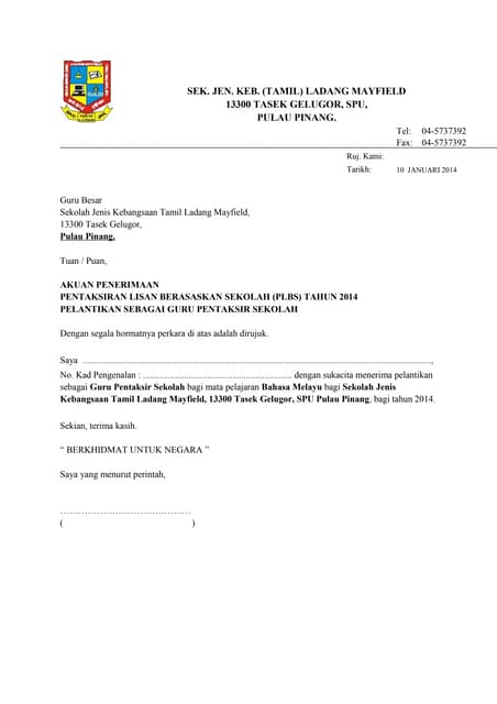 Contoh Surat Lantikan Pentaksir Plbs