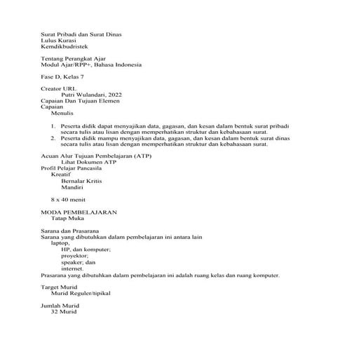 contoh pembuatan rpp SURAT PRIBADI DAN SURAT DINAS OK.doc