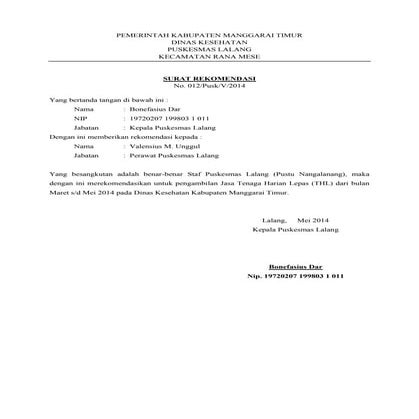 Surat rekomendasi puskesmas lalang