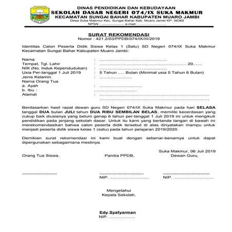 Surat rekomendasi usia kurang 6 tahun sdn 074 suka makmur