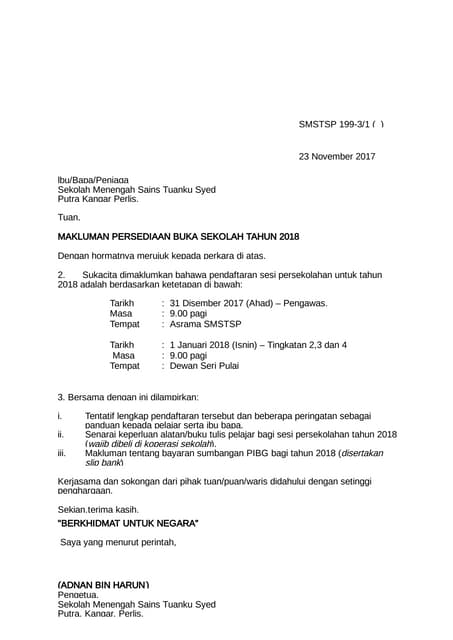Surat untuk makluman IBUBAPA SMSTSP 2018