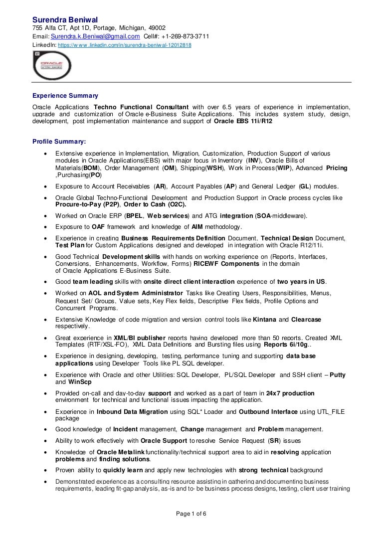 oracle functional consultant resume