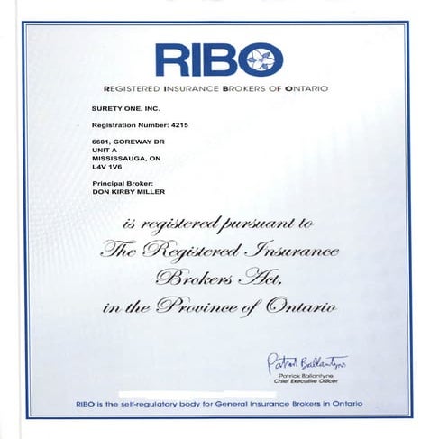 Surety One, Inc. RIBO Authorization Canada | PDF