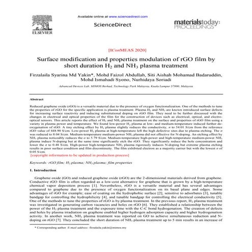 Surface modification and properties modulation of r go film by short duration...