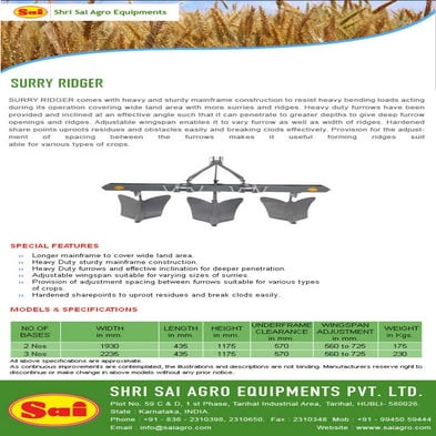 Leading Popular Furrow Surry Ridger manufacturers and exporters in ...