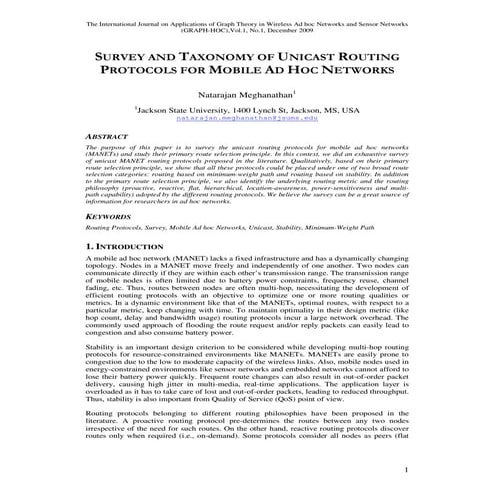 SURVEY AND TAXONOMY OF UNICAST ROUTING PROTOCOLS FOR MOBILE AD HOC NETWORKS