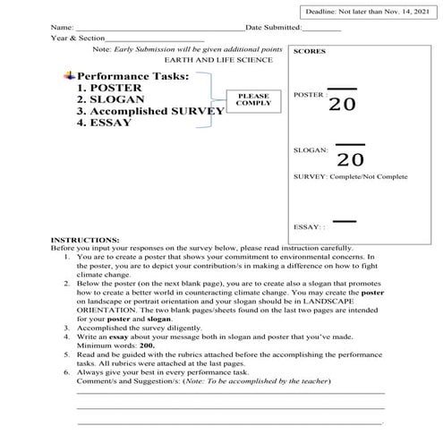 Survey for earth life and science performance task 