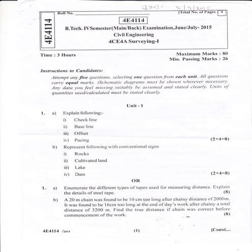 Surveying-I Paper (RTU IV Semester)