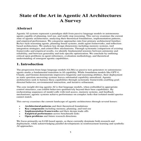 Survey of Agentic AI Architectures State of the Art