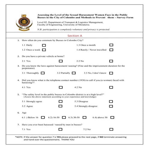 Assessing the Level of the Sexual Harassment Women Face in the Public Busses in the City of Colombo and Methods to Prevent them – Survey Form - English