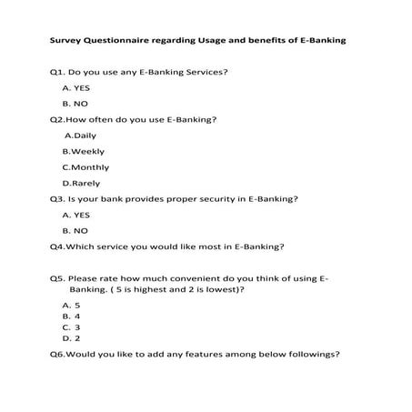 Survey questionnaire regarding usage and benefits of e
