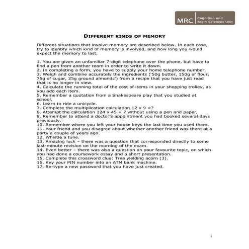 Working Memory Workshop Activity - Susan Gathercole