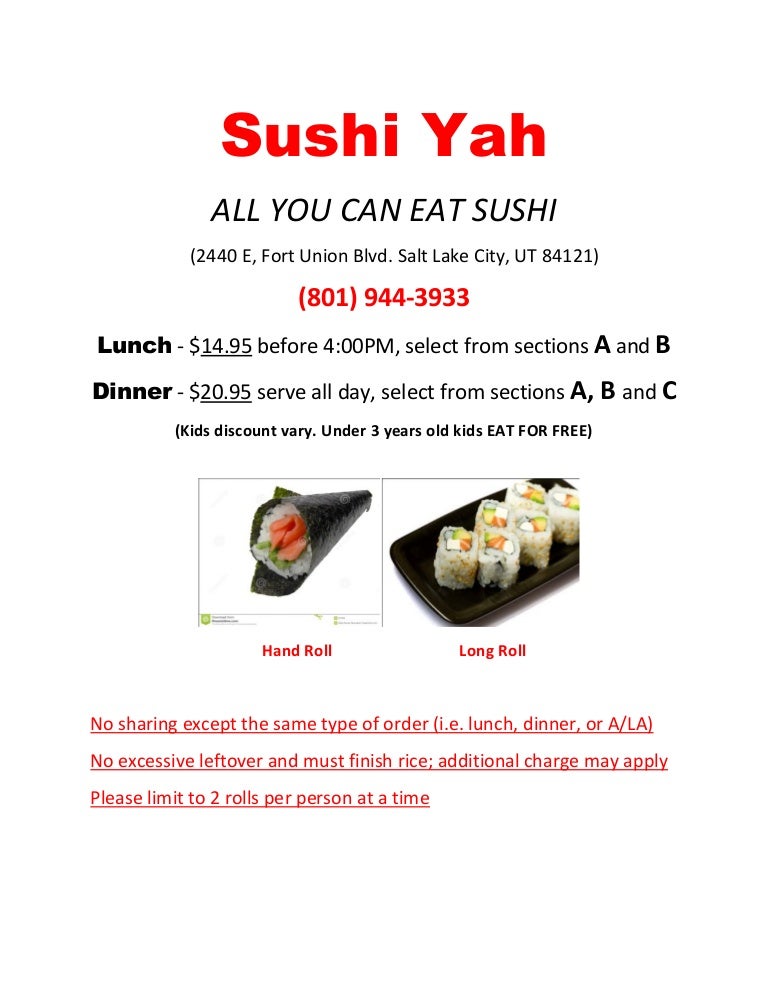 Sushi yah menu of all you can eat