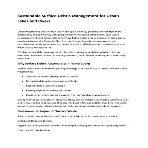 Sustainable Surface Debris Management Strategies for Urban Lakes and ...