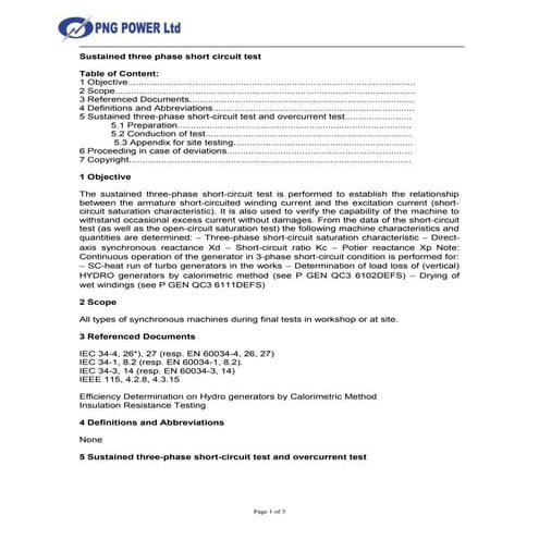 Sustained three phase short-circuit test and overcurrent test