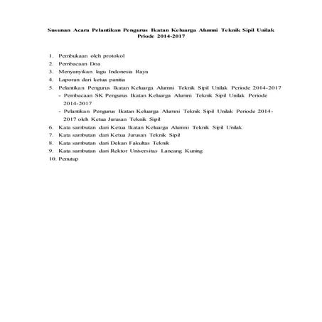 Susunan acara pelantikan pengurus ikatan keluarga alumni teknik sipil unilak ...