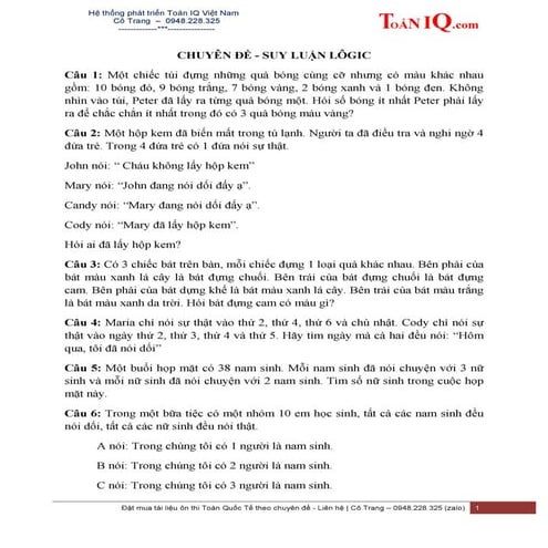 CHUYÊN ĐỀ SUY LUẬN LOGIC - ÔN TOÁN QUỐC TẾ - SASMO - IMAS ....