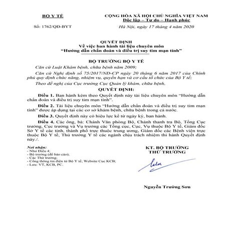 Bộ Y Tế HƯỚNG DẪN CHẨN ĐOÁN VÀ ĐIỀU TRỊ  SUY TIM MẠN TÍNH 2020