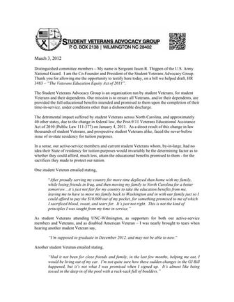 SVAG - Testimony for HR 3483 "The Veterans Education Equity Act of 2011"